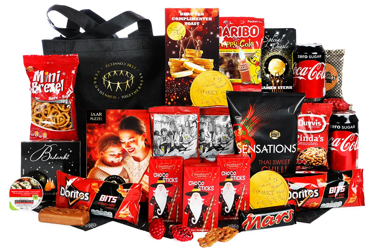 Vertrouwde merken in rood zwart | Een Origineel Kerstpakket van De Witte Raaf Ermelo